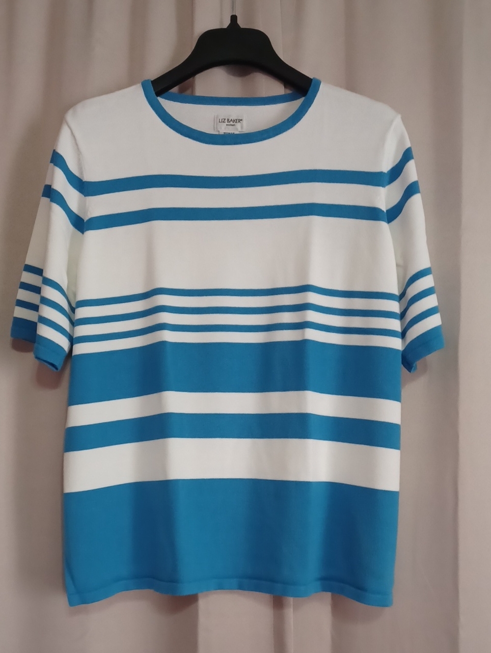 Liz Baker Vintage Blue White Striped Short Sleeve Knit Top Plus Size 1X